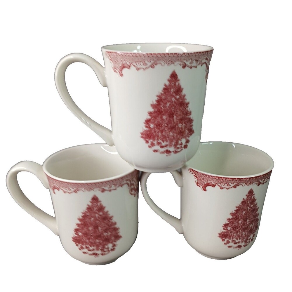 3 pc Johnson Bros Old Britain Castles Pink Christmas Tree Coffee Cups Mugs EUC